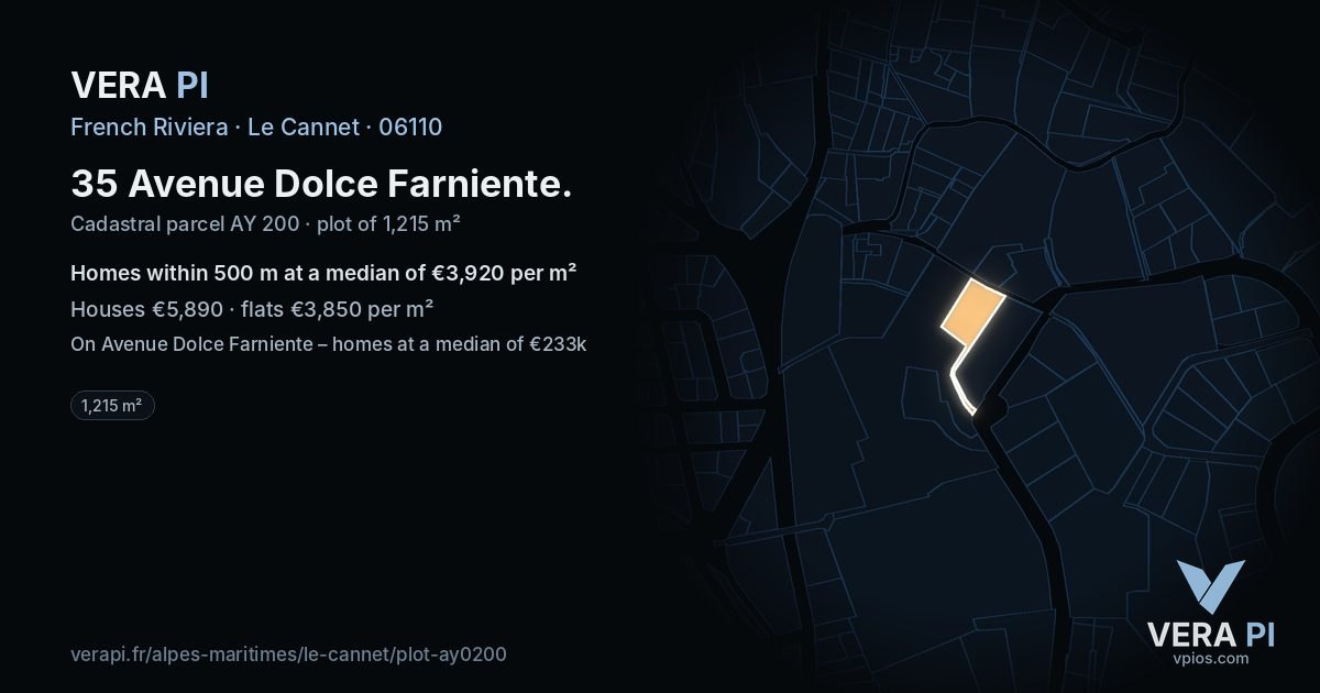 35 Avenue Dolce Farniente, Le Cannet at night – the plot lit, the parcels around coloured by the prices near them