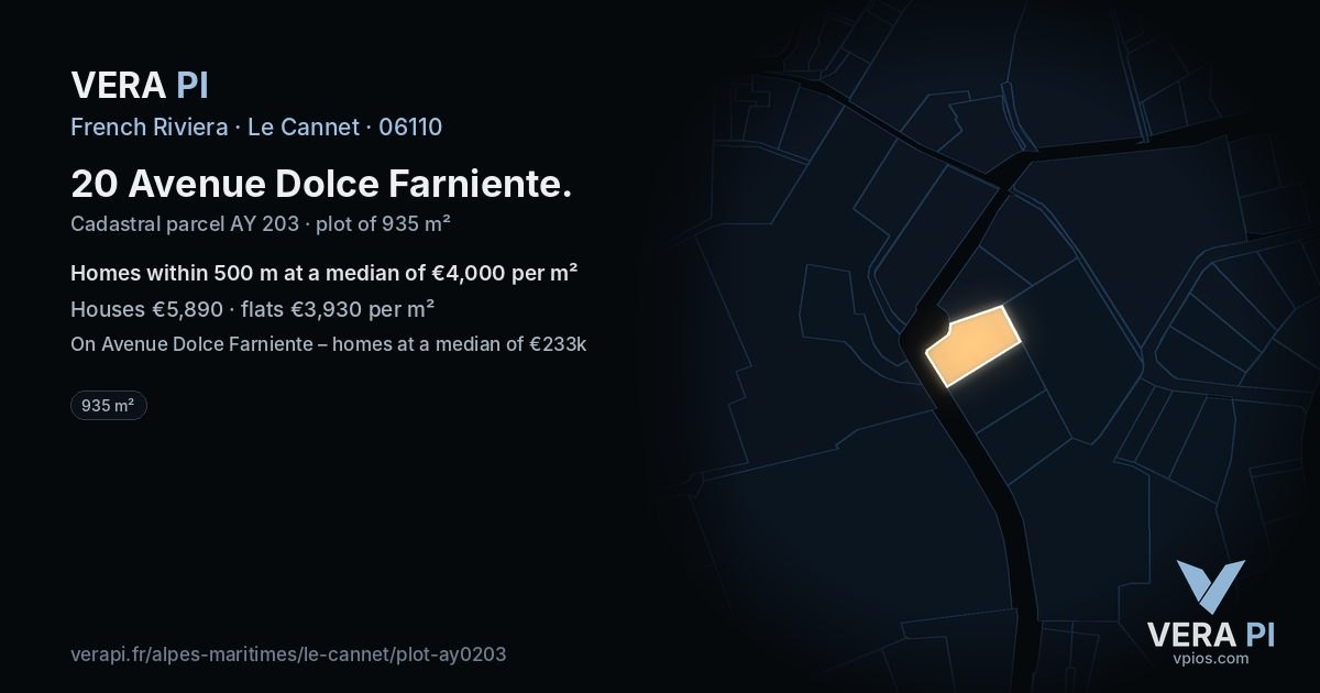 20 Avenue Dolce Farniente, Le Cannet at night – the plot lit, the parcels around coloured by the prices near them