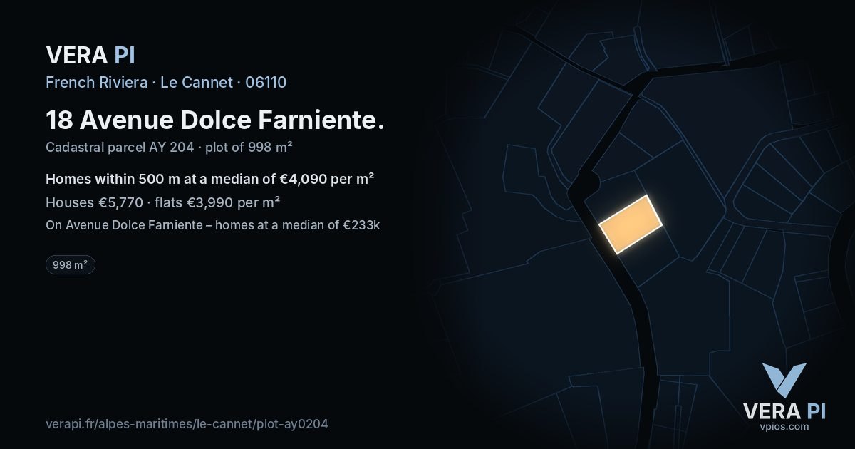 18 Avenue Dolce Farniente, Le Cannet at night – the plot lit, the parcels around coloured by the prices near them