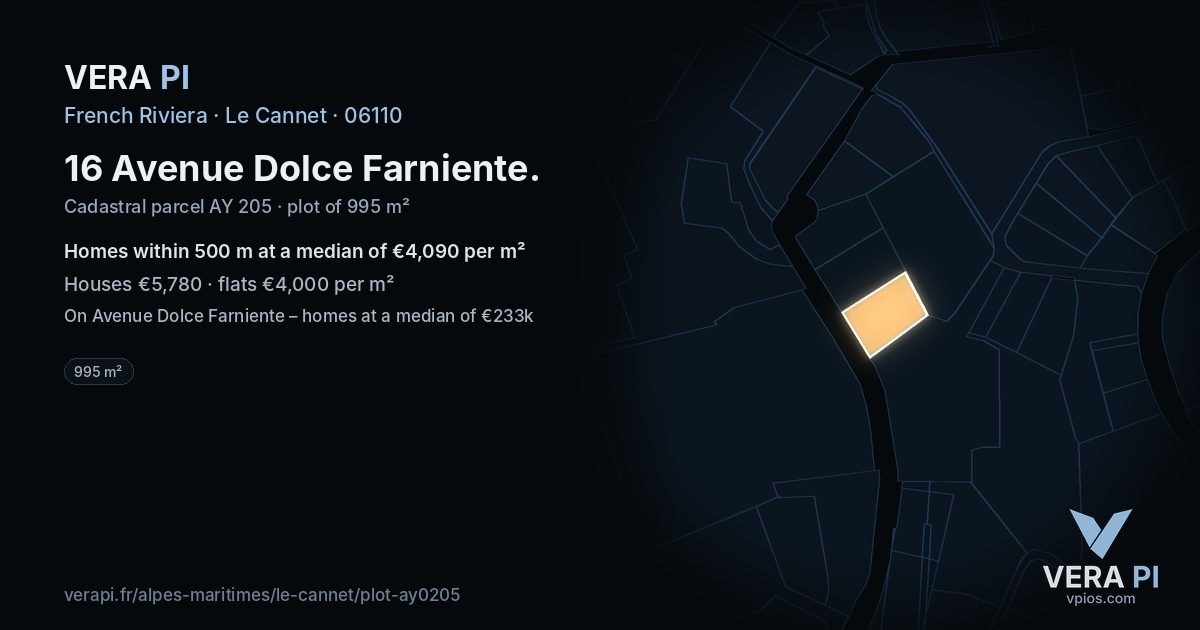 16 Avenue Dolce Farniente, Le Cannet at night – the plot lit, the parcels around coloured by the prices near them