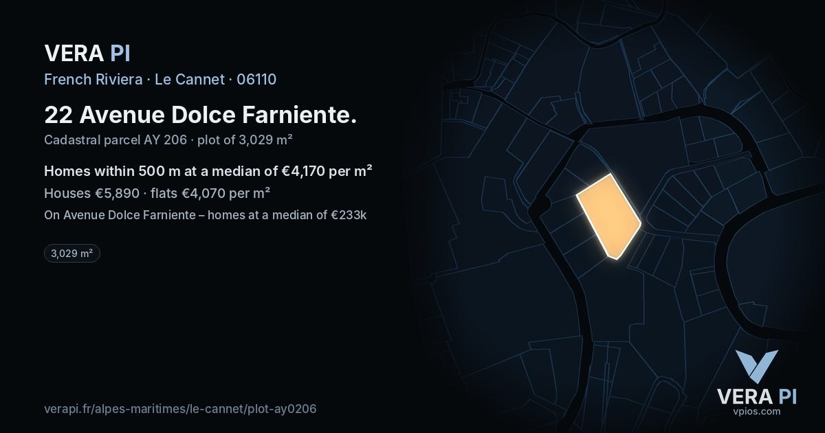 22 Avenue Dolce Farniente, Le Cannet at night – the plot lit, the parcels around coloured by the prices near them