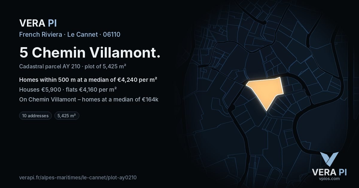 5 Chemin Villamont, Le Cannet at night – the plot lit, the parcels around coloured by the prices near them