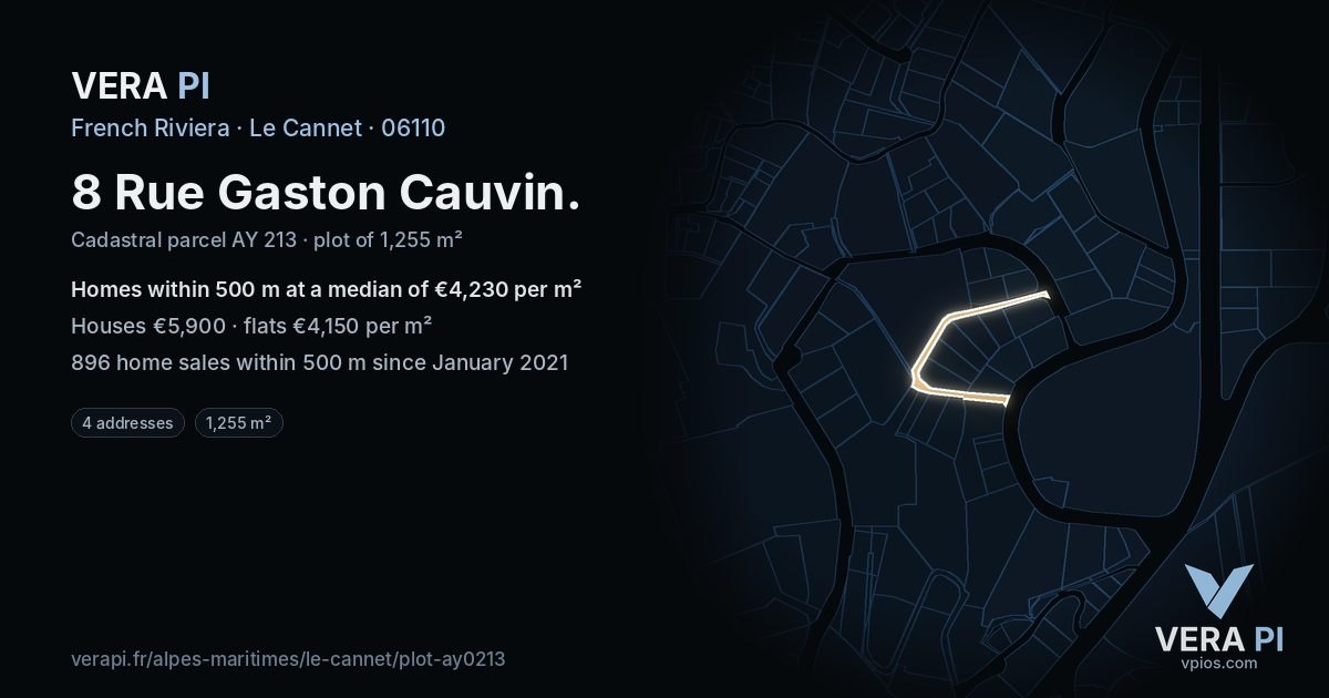 8 Rue Gaston Cauvin, Le Cannet at night – the plot lit, the parcels around coloured by the prices near them