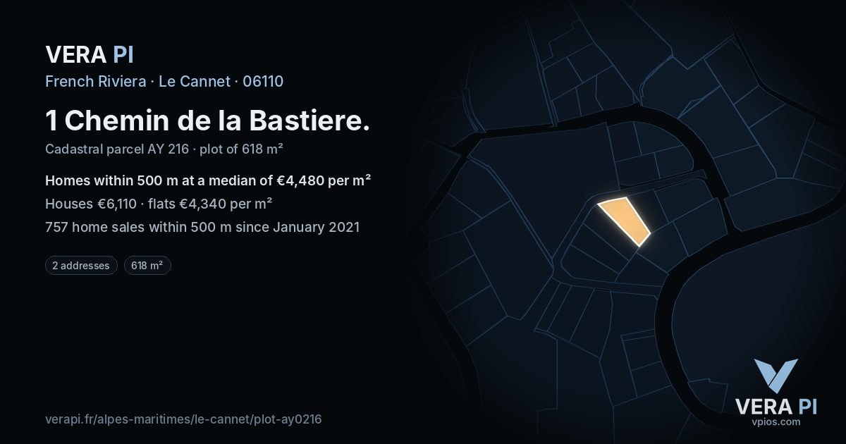 1 Chemin de la Bastiere, Le Cannet at night – the plot lit, the parcels around coloured by the prices near them