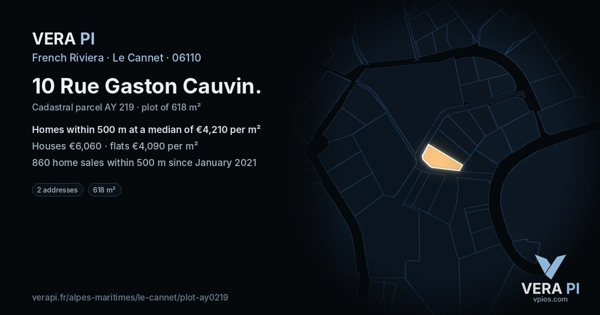 10 Rue Gaston Cauvin, Le Cannet at night – the plot lit, the parcels around coloured by the prices near them