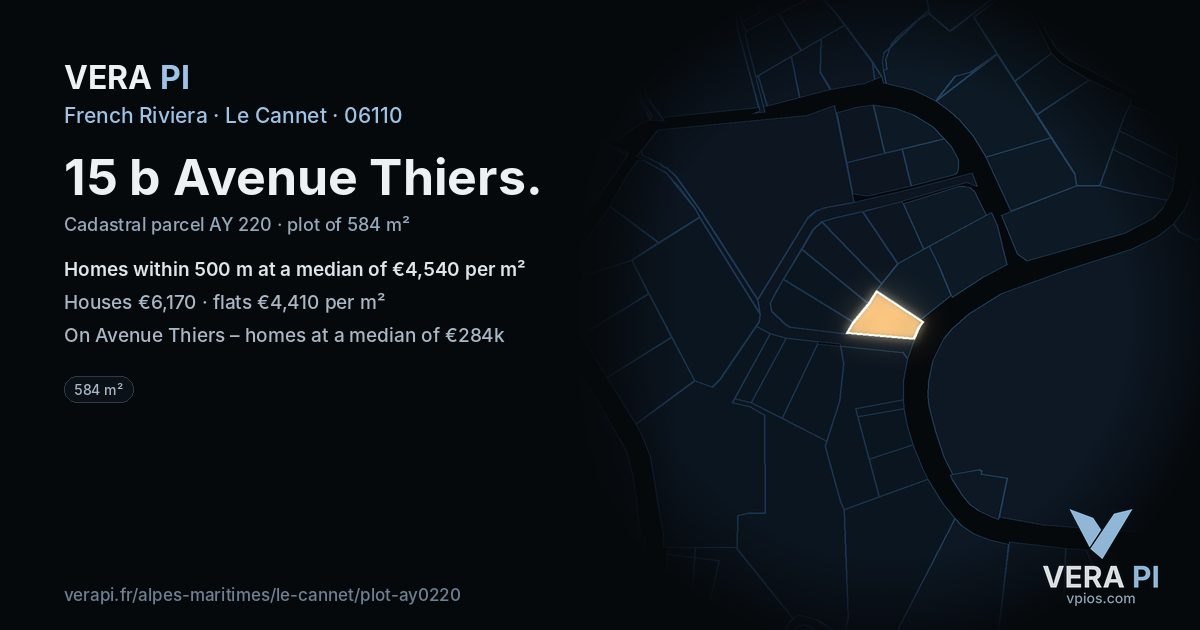 15 b Avenue Thiers, Le Cannet at night – the plot lit, the parcels around coloured by the prices near them