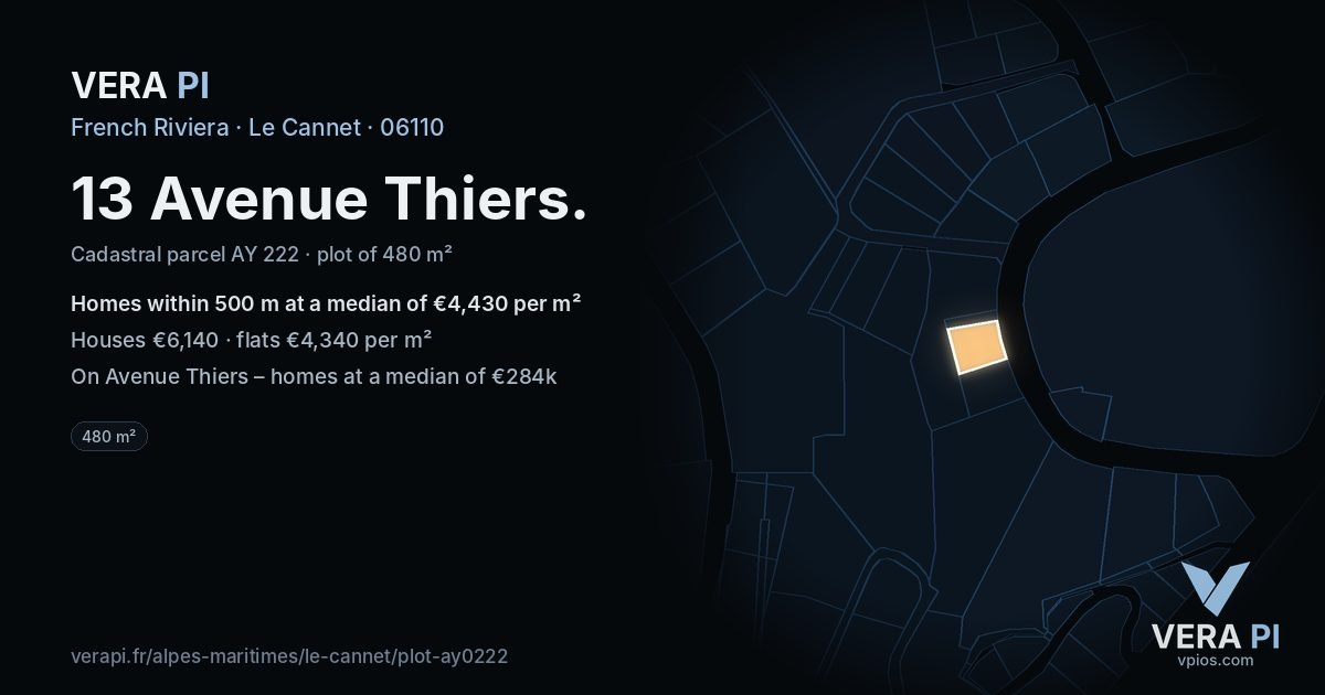 13 Avenue Thiers, Le Cannet at night – the plot lit, the parcels around coloured by the prices near them