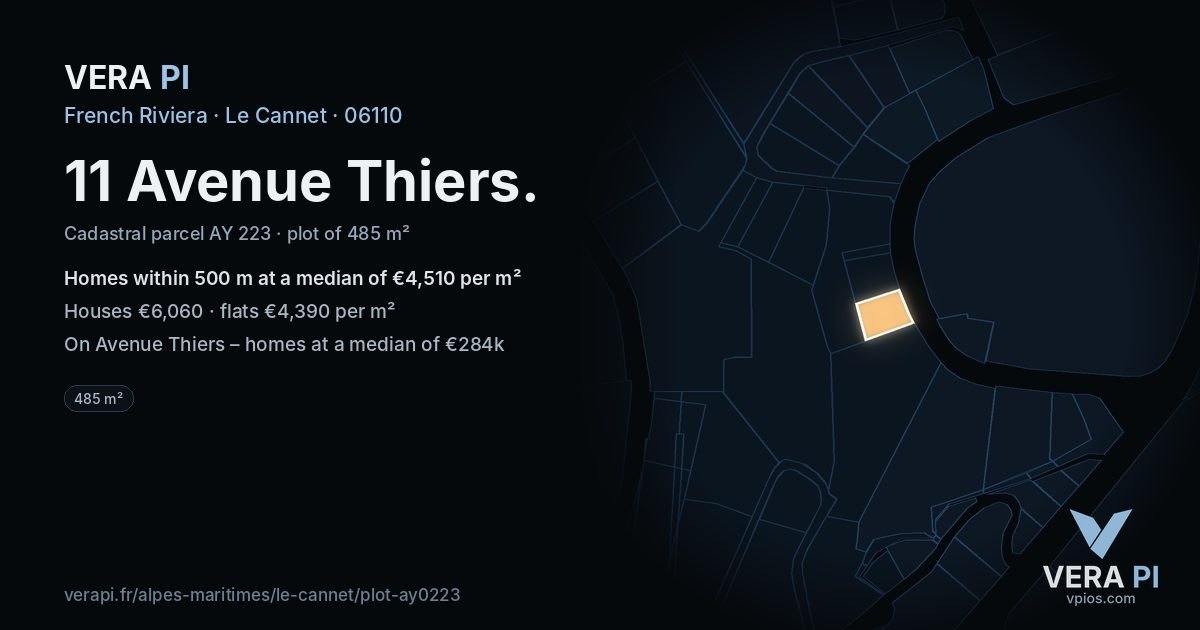 11 Avenue Thiers, Le Cannet at night – the plot lit, the parcels around coloured by the prices near them