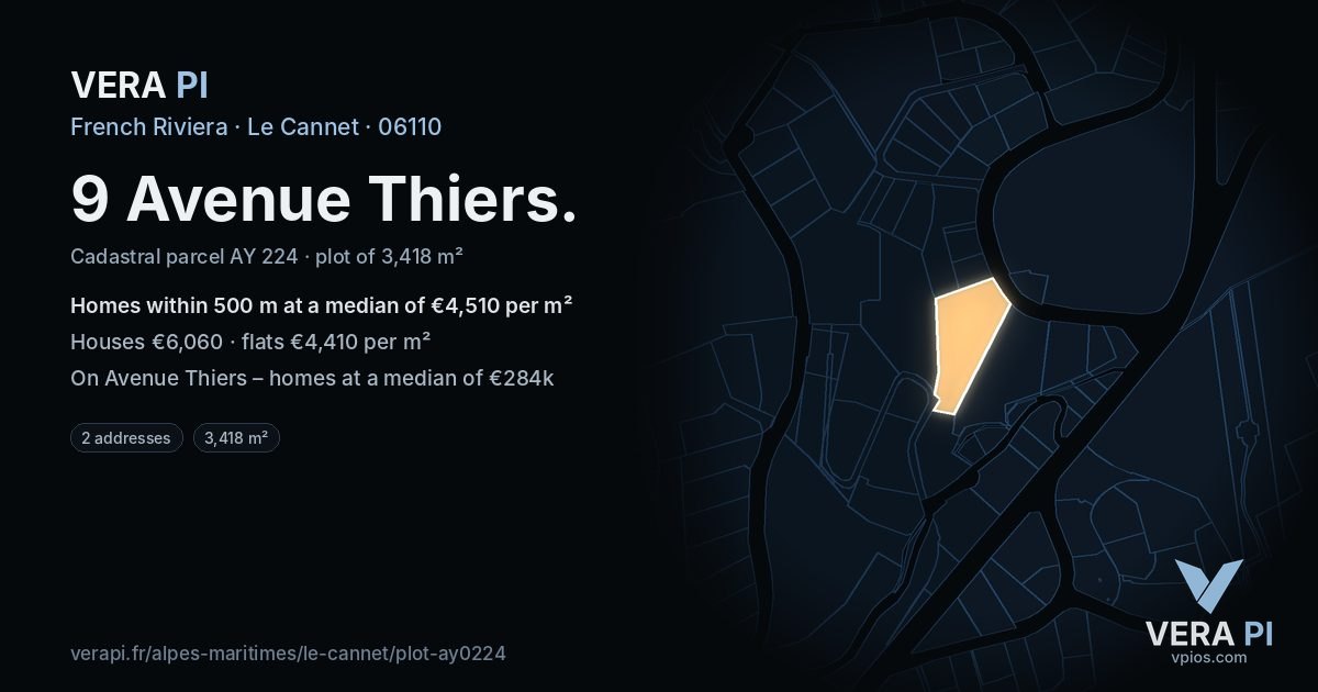 9 Avenue Thiers, Le Cannet at night – the plot lit, the parcels around coloured by the prices near them