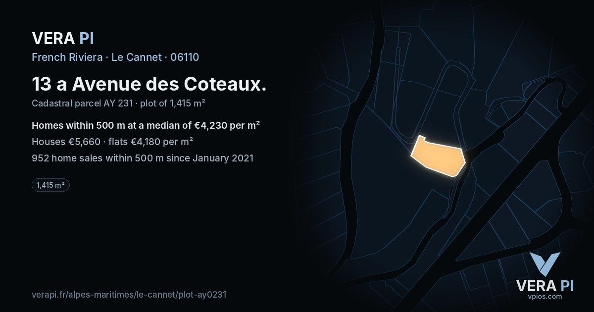 13 a Avenue des Coteaux, Le Cannet at night – the plot lit, the parcels around coloured by the prices near them