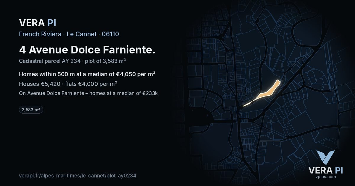 4 Avenue Dolce Farniente, Le Cannet at night – the plot lit, the parcels around coloured by the prices near them