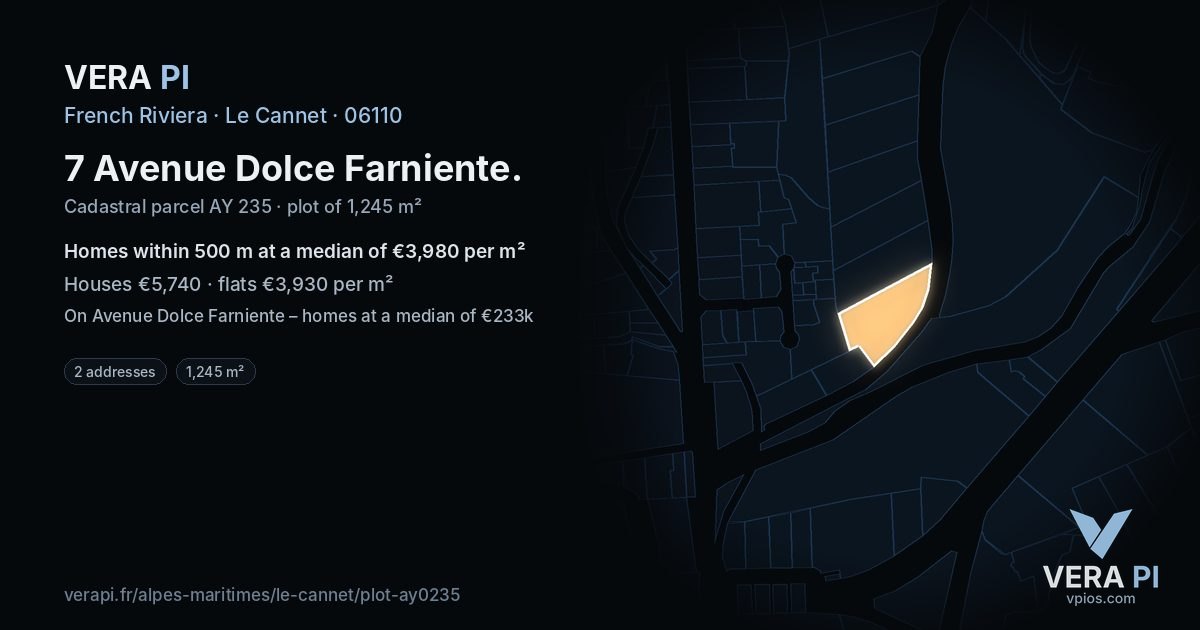 7 Avenue Dolce Farniente, Le Cannet at night – the plot lit, the parcels around coloured by the prices near them