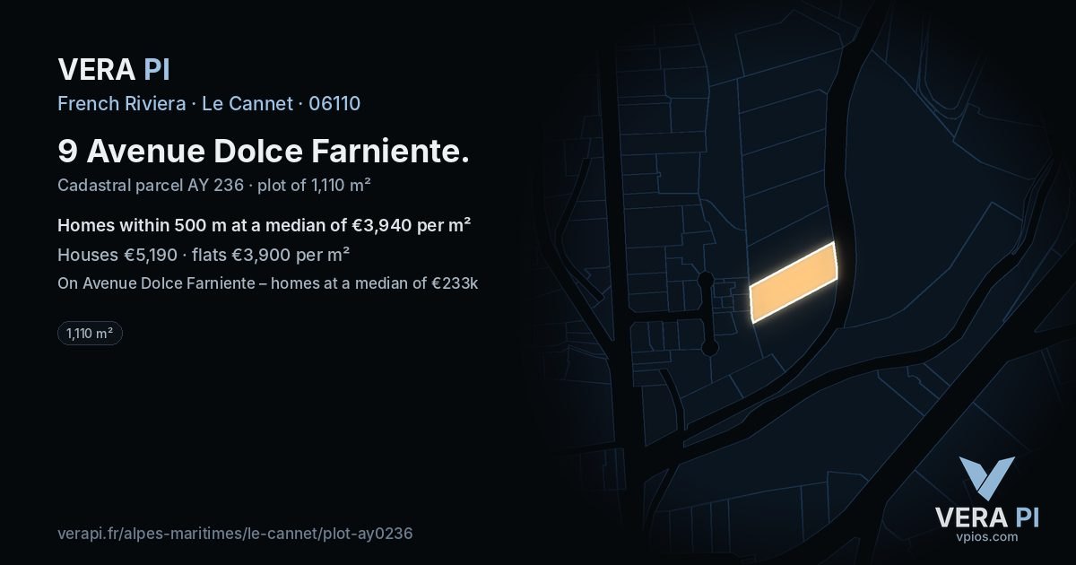 9 Avenue Dolce Farniente, Le Cannet at night – the plot lit, the parcels around coloured by the prices near them