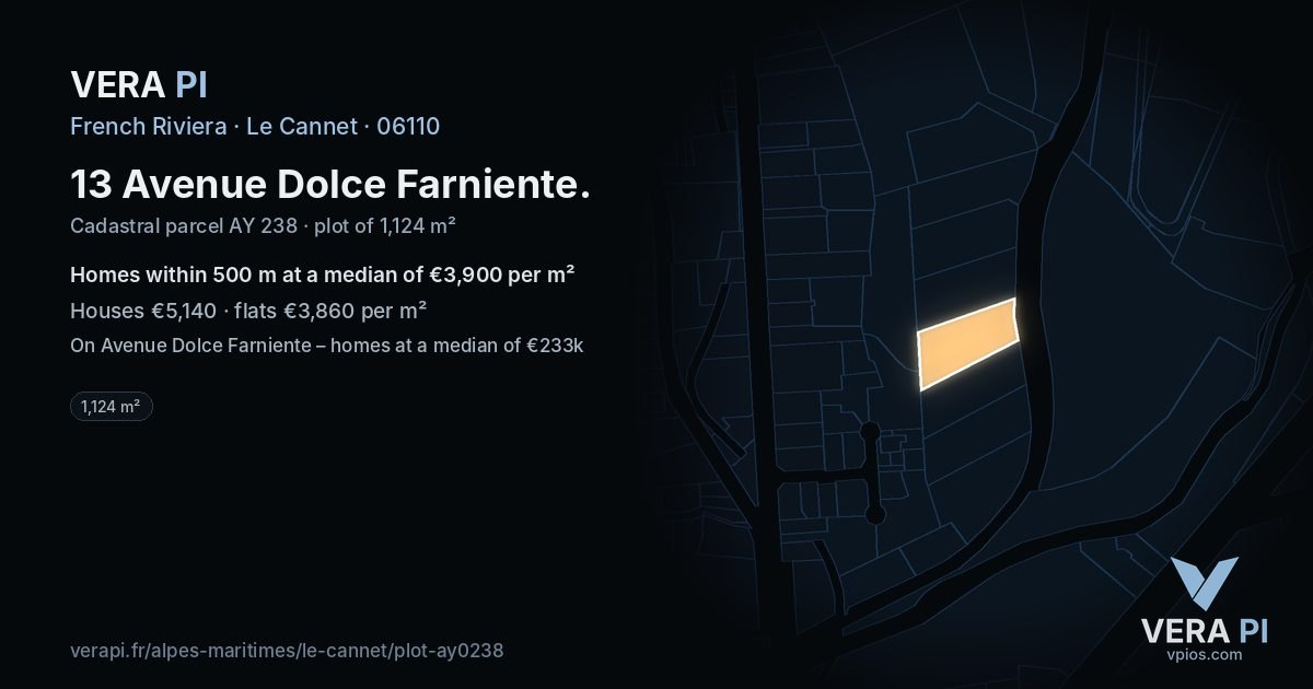 13 Avenue Dolce Farniente, Le Cannet at night – the plot lit, the parcels around coloured by the prices near them