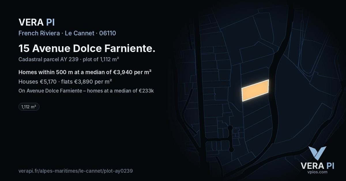 15 Avenue Dolce Farniente, Le Cannet at night – the plot lit, the parcels around coloured by the prices near them