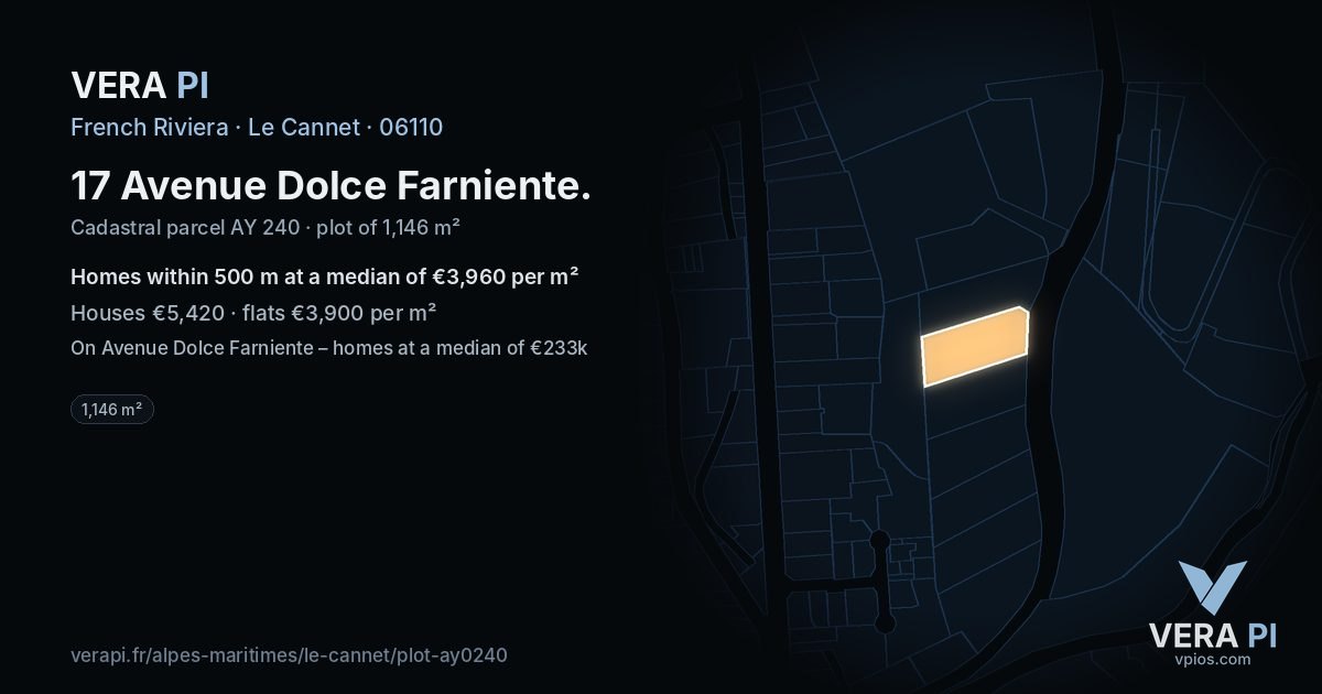 17 Avenue Dolce Farniente, Le Cannet at night – the plot lit, the parcels around coloured by the prices near them