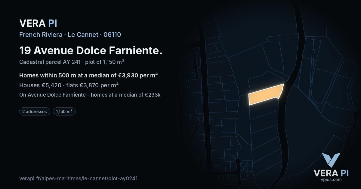 19 Avenue Dolce Farniente, Le Cannet at night – the plot lit, the parcels around coloured by the prices near them