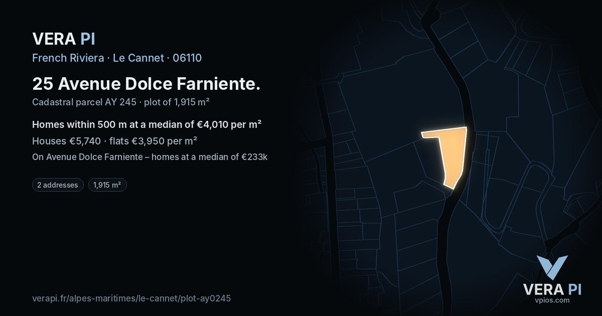 25 Avenue Dolce Farniente, Le Cannet at night – the plot lit, the parcels around coloured by the prices near them