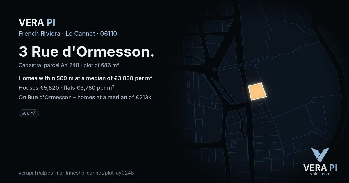 3 Rue d'Ormesson, Le Cannet at night – the plot lit, the parcels around coloured by the prices near them