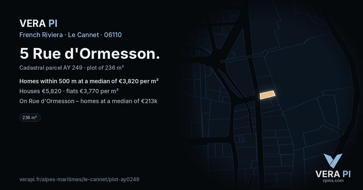 5 Rue d'Ormesson, Le Cannet at night – the plot lit, the parcels around coloured by the prices near them