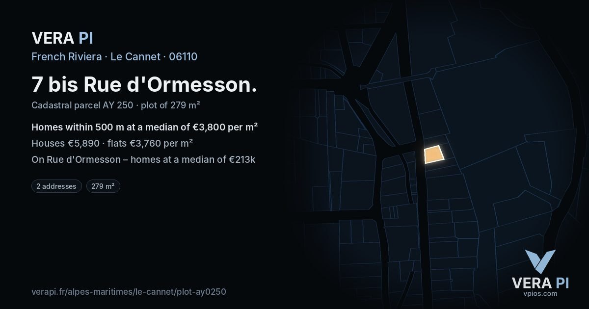 7 bis Rue d'Ormesson, Le Cannet at night – the plot lit, the parcels around coloured by the prices near them