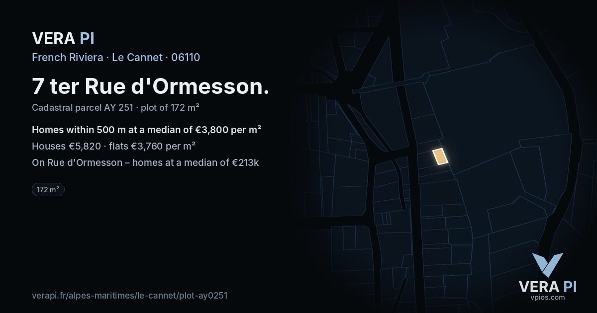 7 ter Rue d'Ormesson, Le Cannet at night – the plot lit, the parcels around coloured by the prices near them