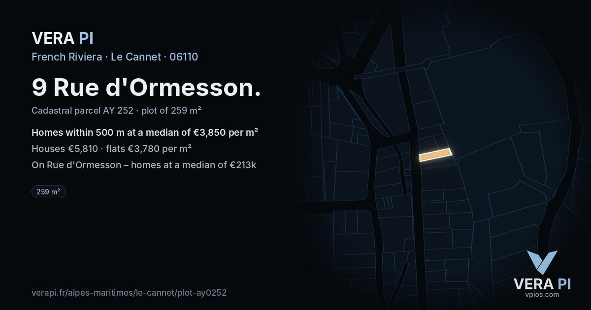 9 Rue d'Ormesson, Le Cannet at night – the plot lit, the parcels around coloured by the prices near them