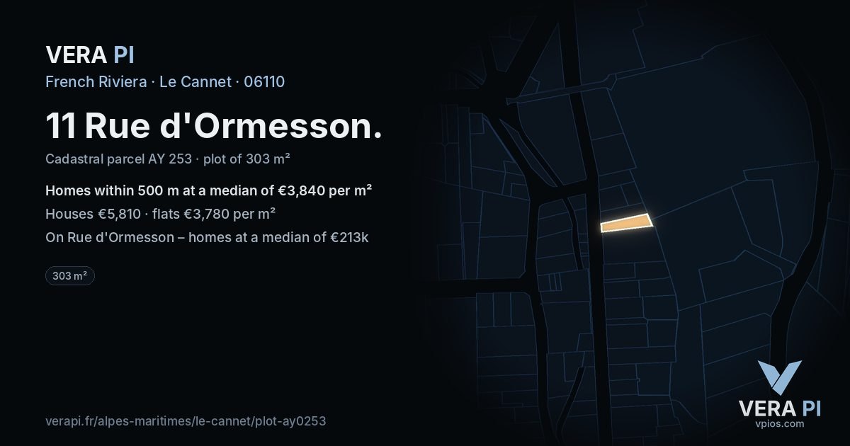 11 Rue d'Ormesson, Le Cannet at night – the plot lit, the parcels around coloured by the prices near them