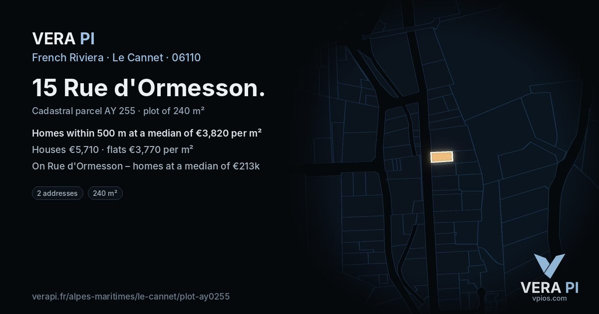 15 Rue d'Ormesson, Le Cannet at night – the plot lit, the parcels around coloured by the prices near them