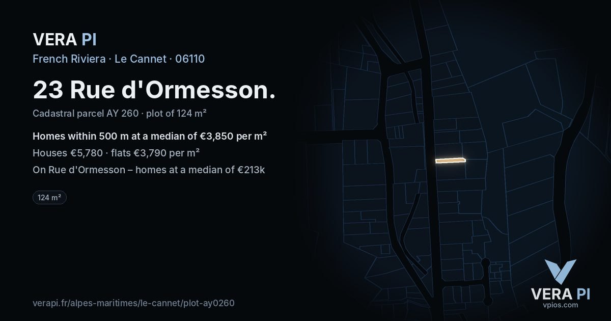 23 Rue d'Ormesson, Le Cannet at night – the plot lit, the parcels around coloured by the prices near them