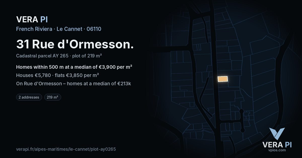 31 Rue d'Ormesson, Le Cannet at night – the plot lit, the parcels around coloured by the prices near them