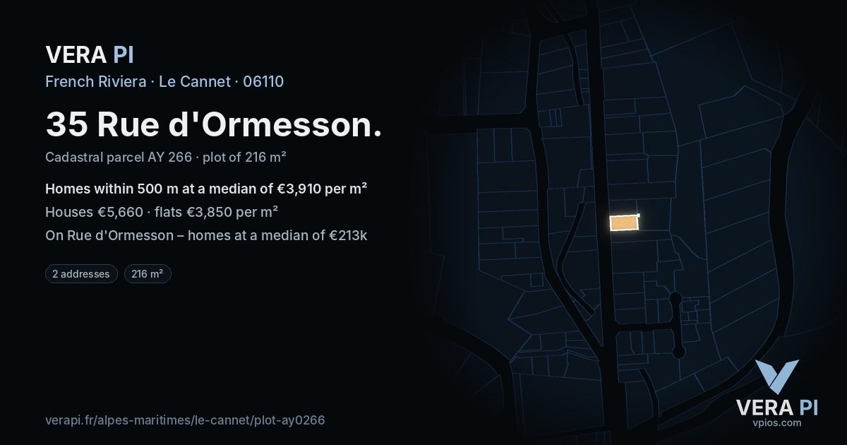 35 Rue d'Ormesson, Le Cannet at night – the plot lit, the parcels around coloured by the prices near them