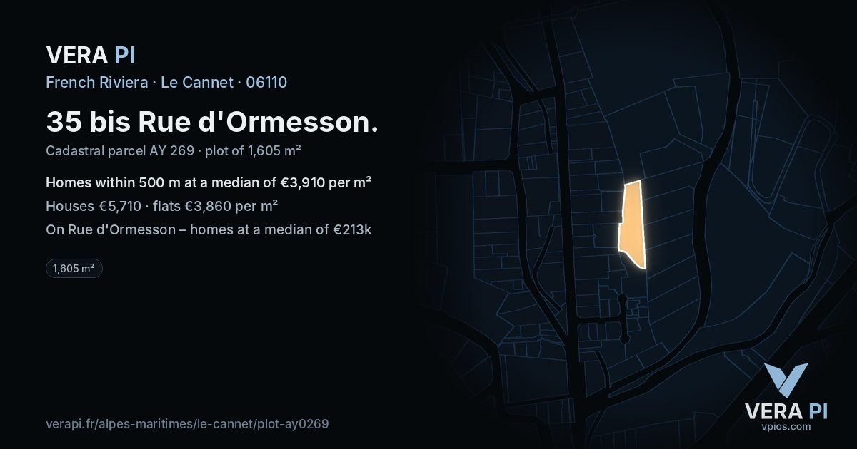 35 bis Rue d'Ormesson, Le Cannet at night – the plot lit, the parcels around coloured by the prices near them