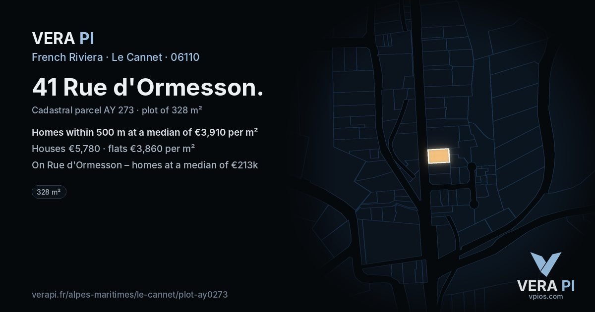 41 Rue d'Ormesson, Le Cannet at night – the plot lit, the parcels around coloured by the prices near them