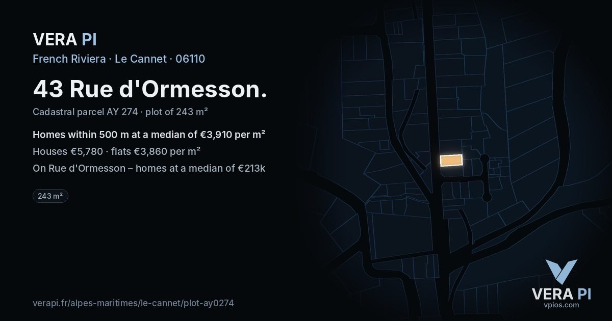 43 Rue d'Ormesson, Le Cannet at night – the plot lit, the parcels around coloured by the prices near them
