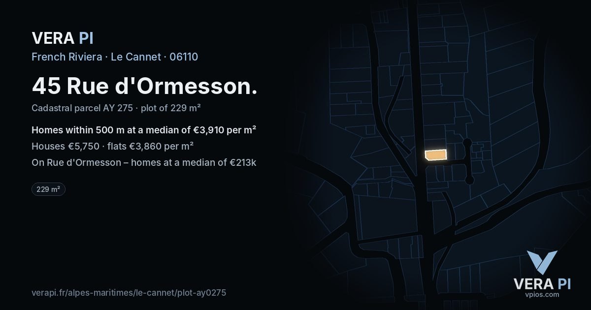 45 Rue d'Ormesson, Le Cannet at night – the plot lit, the parcels around coloured by the prices near them