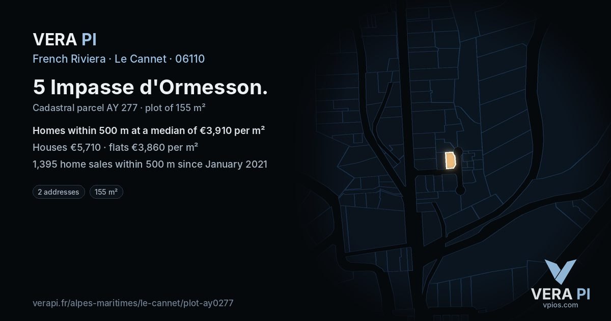 5 Impasse d'Ormesson, Le Cannet at night – the plot lit, the parcels around coloured by the prices near them