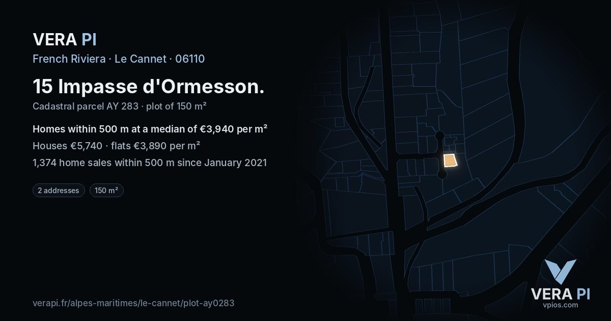 15 Impasse d'Ormesson, Le Cannet at night – the plot lit, the parcels around coloured by the prices near them