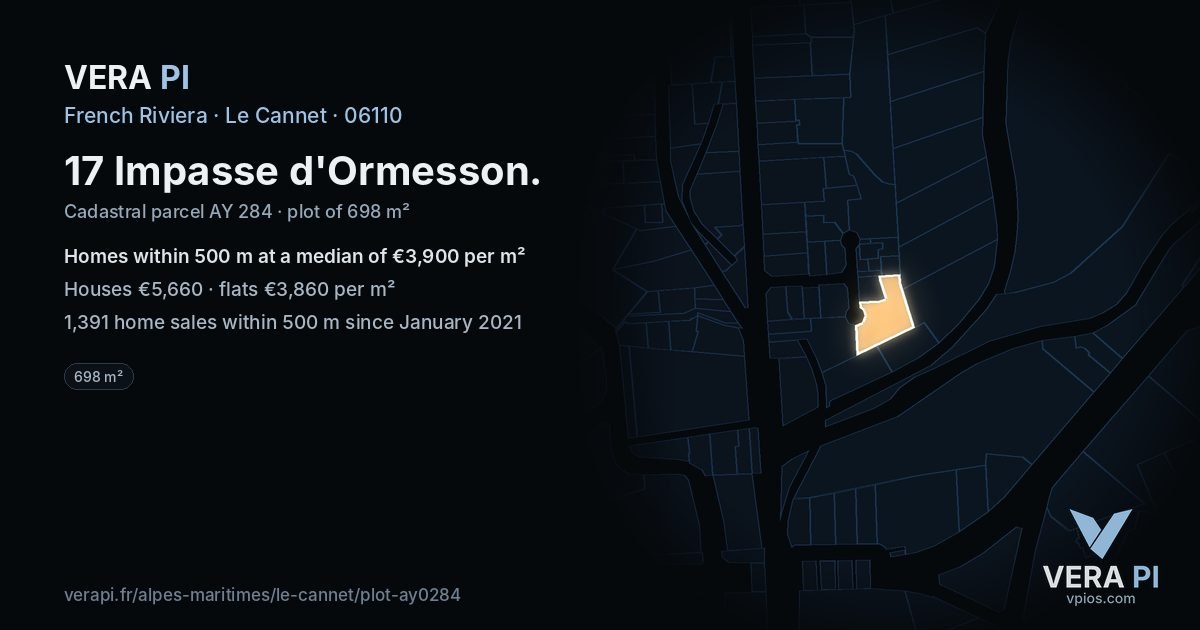 17 Impasse d'Ormesson, Le Cannet at night – the plot lit, the parcels around coloured by the prices near them