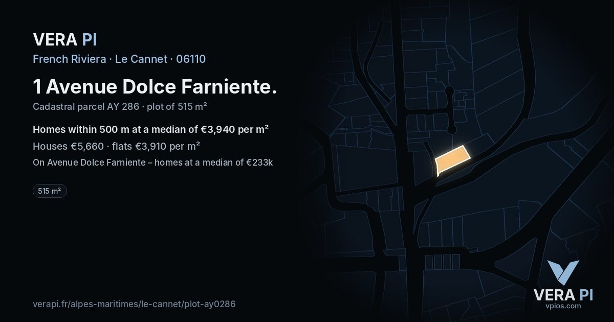 1 Avenue Dolce Farniente, Le Cannet at night – the plot lit, the parcels around coloured by the prices near them