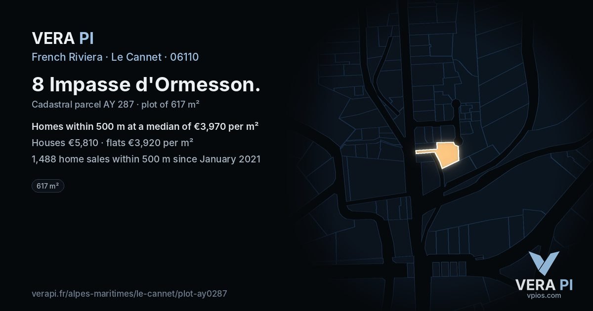 8 Impasse d'Ormesson, Le Cannet at night – the plot lit, the parcels around coloured by the prices near them