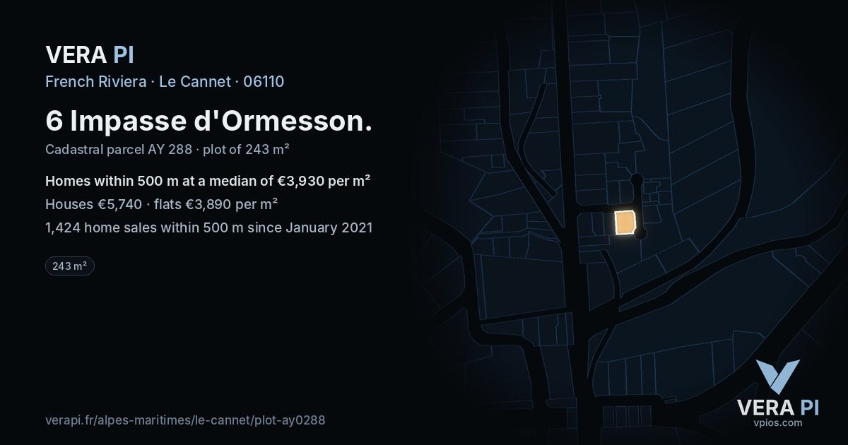 6 Impasse d'Ormesson, Le Cannet at night – the plot lit, the parcels around coloured by the prices near them