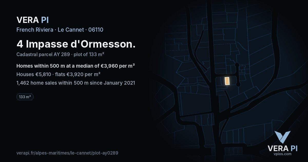 4 Impasse d'Ormesson, Le Cannet at night – the plot lit, the parcels around coloured by the prices near them