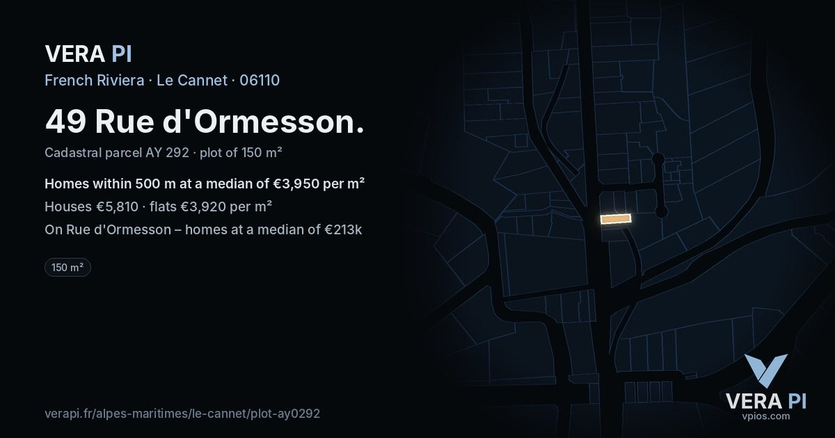 49 Rue d'Ormesson, Le Cannet at night – the plot lit, the parcels around coloured by the prices near them