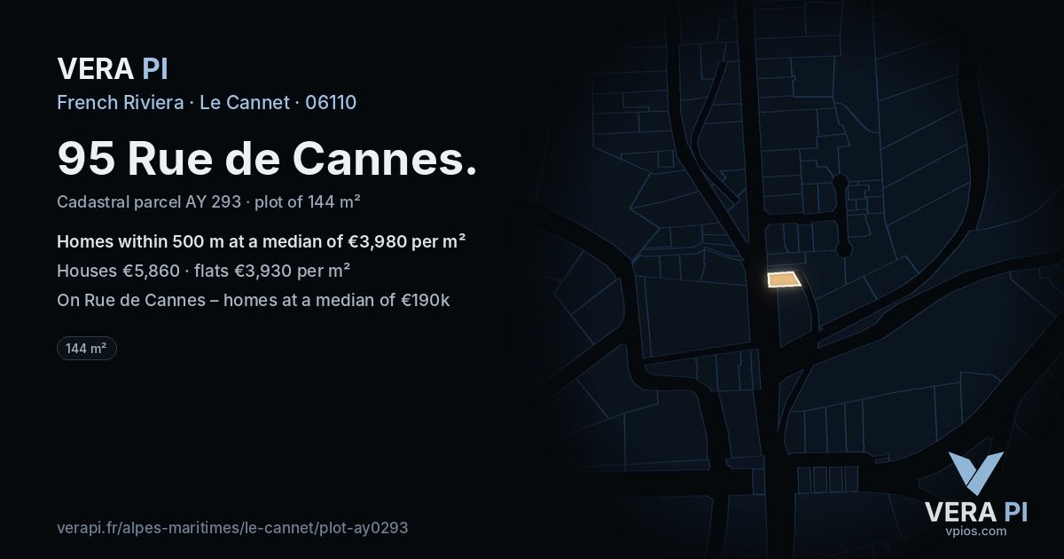 95 Rue de Cannes, Le Cannet at night – the plot lit, the parcels around coloured by the prices near them