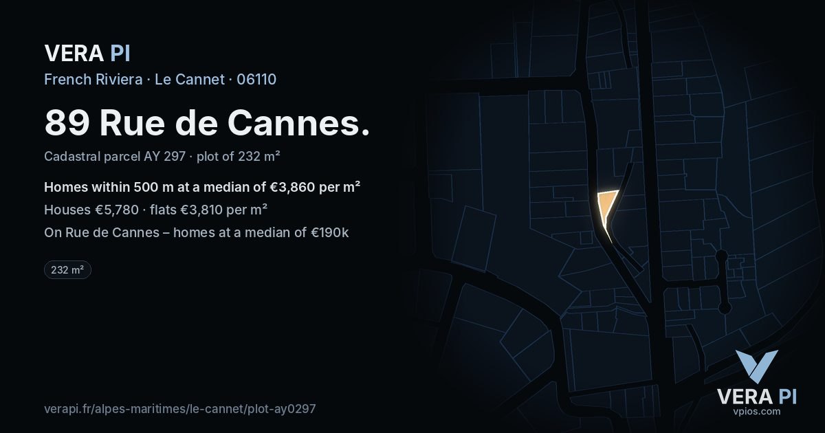 89 Rue de Cannes, Le Cannet at night – the plot lit, the parcels around coloured by the prices near them