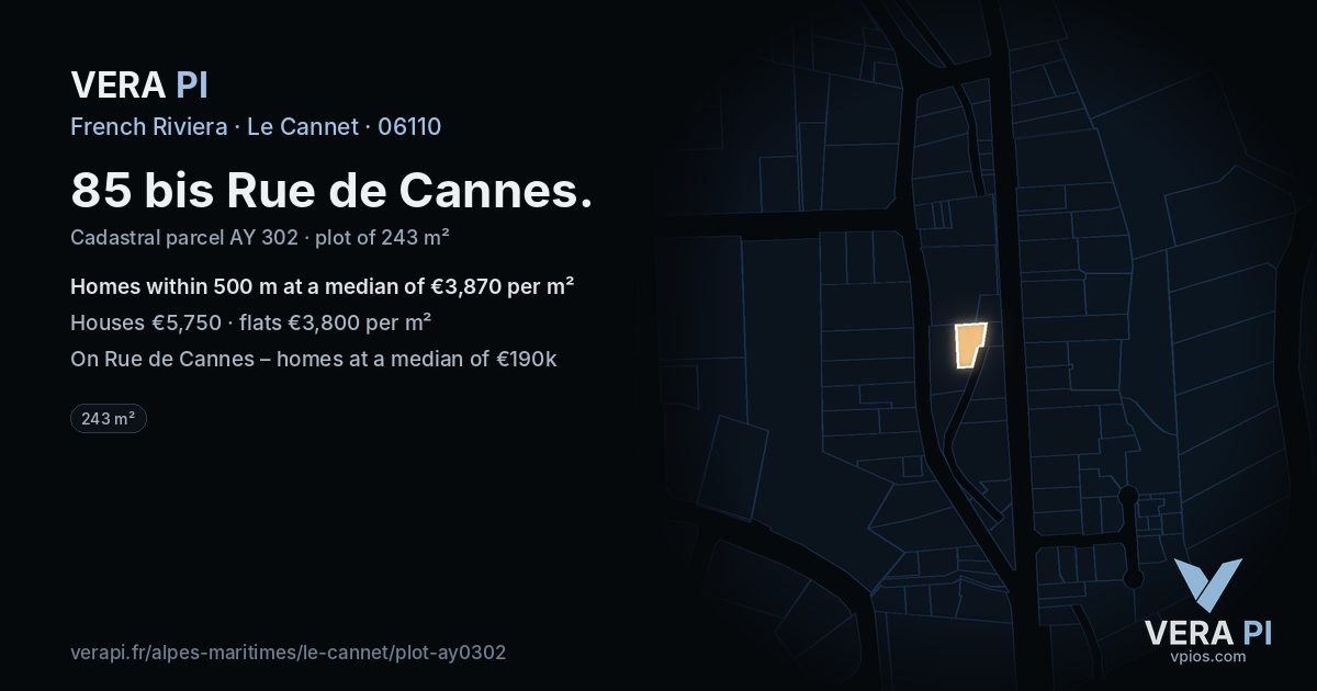 85 bis Rue de Cannes, Le Cannet at night – the plot lit, the parcels around coloured by the prices near them