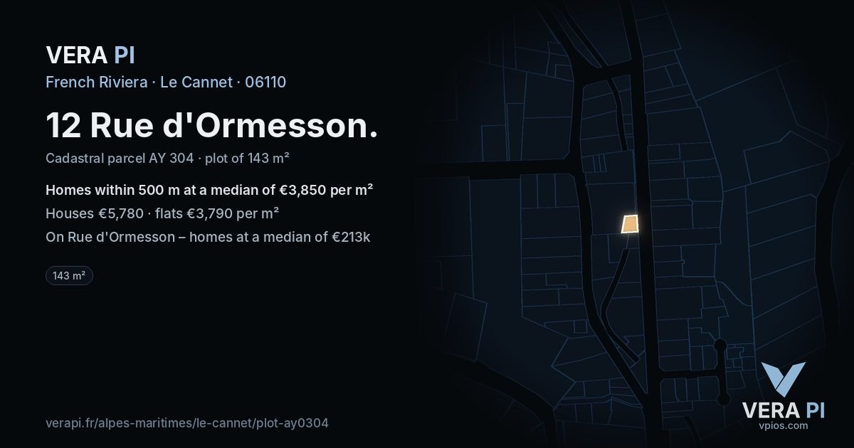 12 Rue d'Ormesson, Le Cannet at night – the plot lit, the parcels around coloured by the prices near them