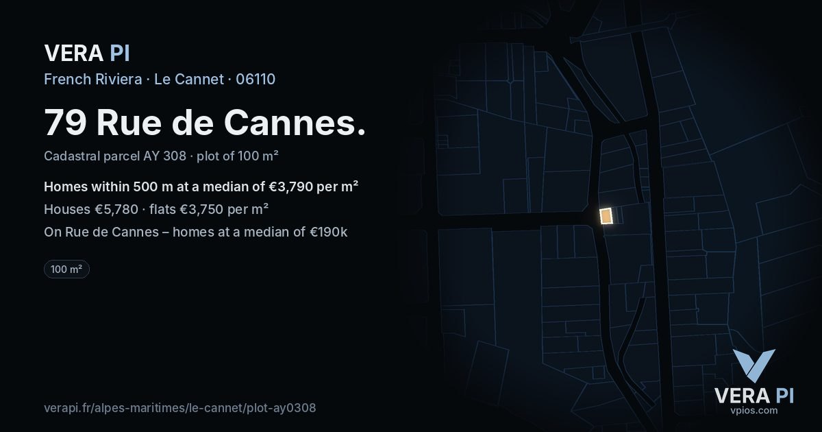 79 Rue de Cannes, Le Cannet at night – the plot lit, the parcels around coloured by the prices near them