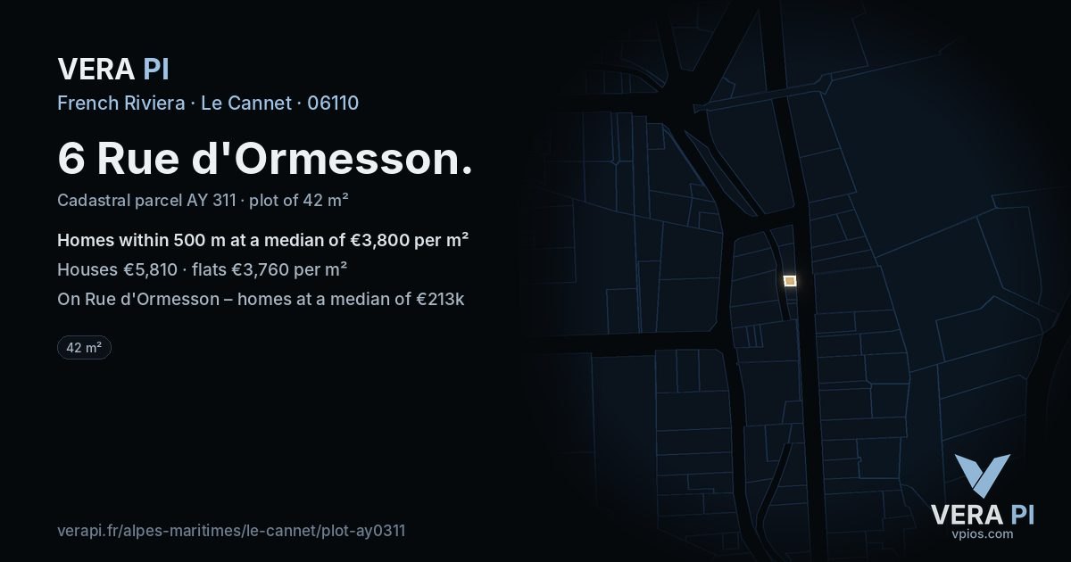 6 Rue d'Ormesson, Le Cannet at night – the plot lit, the parcels around coloured by the prices near them